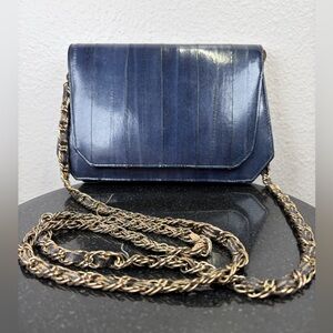 Vintage Genuine Eel Leather Clutch Dark Navy Blue with Removable Gold Strap